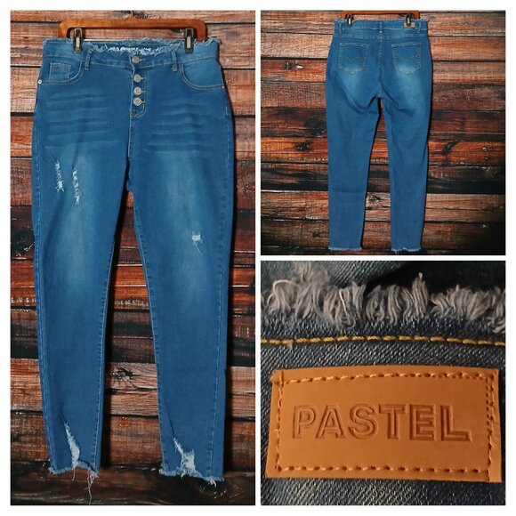 PASTEL Jeans 32 15 High Rise Skinny Button Fly Distressed Blue Denim Stretch - Picture 1 of 8